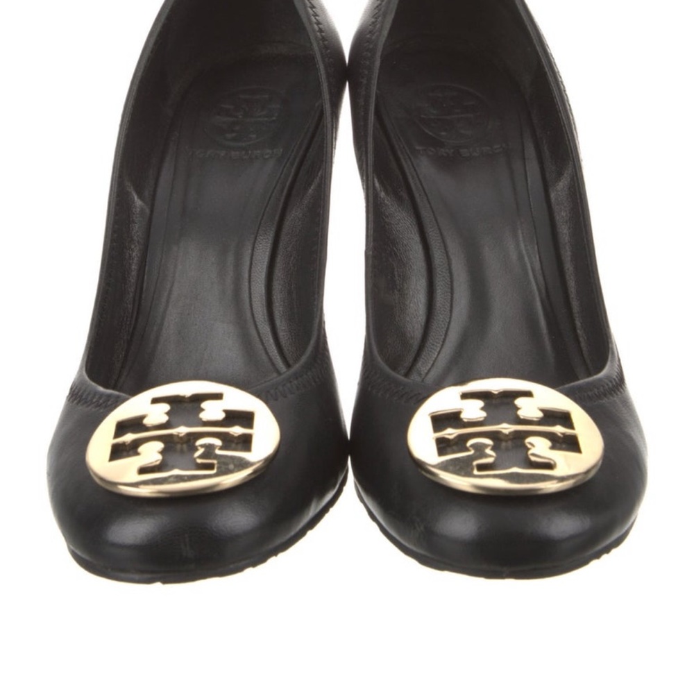Tory Burch Black and Gold Flats with Iconic Logo